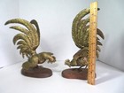 Large Vintage Pair Brass Fighting Chicken Figurines Mid-century Detail On Stands