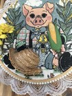 Vintage Pig Farmer Textile Wall Hanging Hoop Lace Trim 3d Hat Corn