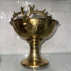 Lg Vintage Hammered Brass Footed Centerpiece Bowl Deer Buck Stag Handles India 