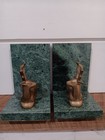 Vintage Pair Of Green Marble Bookends With Bronze  Deer Laying Read