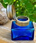 Antique Square Cobalt Blue Glass Inkwell Rustic Hinged Brass Lid