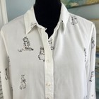 Jane   Delancey White Cat Print Button Top L Rayon Long Sleeve Lightweight