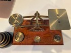 Antique English Oak And Brass Postal Scale W  10 Weights 1 4 - 8 Ounces