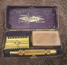 Antique Gillette Gold Tone Safety Razor Set W original Rare Basket Weave Case