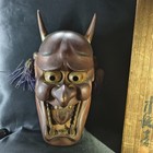 Japanese Antique Buddhist Art Hannya Wood Carved Mask With Boxes Meiji