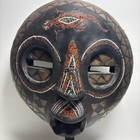 Vintage African Hand Made Carved Round Wood Beaded Tribal Mask W stand