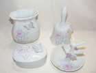 Vintage 4 Piece Porcelain Dresser Vanity Set Trinket Box Bell Vase Ring Holder