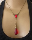 Vintage Necklace Art Nouveau Lavalier Pendant Antique Red Czech Glass