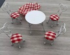Vintage Miniature Dollhouse Furniture Wire Metal Table And Chairs Gingham Print