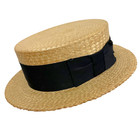 Vintage 1930s Custom Boater Skimmer Stiff Straw Hat W Black Bow