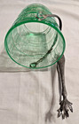 Vintage Green Glass Rippled Design Ice Bucket With Hammered Handle Tongs Marked