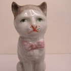 Vintage Porcelain Ceramic Kitty Cat Figurine With Pink Bow Sitting Thoughtful