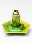 Rare Royal Haeger 1066 Ashtray Table Lighter Set Mcm Green Yellow Drip Glaze Usa