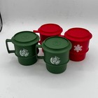 Set Of 4 Christmas Mugs With Lids Green Red Holiday Bird Snowflake Design