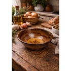 Vintage Serving Bowl With Brown Drip Glaze And Maple Leaf Motif 