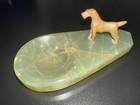 Vintage Green Onyx Ashtray Desk Tray Terrier Dog Metal Figurine Art Deco