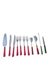 11 Vintage Red   Green Handle Bakelite Stainless Steel Flatware Read