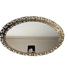 Vintage Gold Filigree Mirrored Vanity Tray Oval Floral Ornate Hollywood Regency