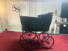 Vintage Baby Carriage Wood   Metal  Brown black With Black Fabric Canopy