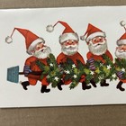Vintage Mid-century Christmas Card Embossed Seven Cheerful Santa   s Carrying Tree
