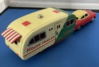 1950   s Tin Toy Friction Car Red Towing House Trailer Japan Great Condition 