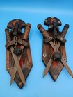 2 Vintage Wood Sword Shield Wall Hanging Pair Medieval Gothic Decor 