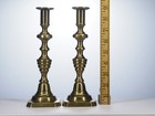 Pair 19th Century Antique Brass Beehive Candlesticks Push Up Extractors 9  Tall