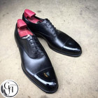 Tailored Mens Black Leather Cap-toe Oxfords - High-mirror Shine Handmade Formal