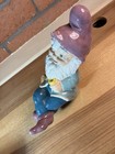 Vintage Ceramic Sitting Garden Elf Gnome Statue  Blue   Purple  11 