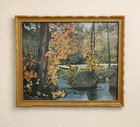 Vintage Framed    buck In Fall Forest By River    Lithograph Art Wall Hanging 18x22