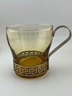 Vintage Libbey Amber Continental Glasses With Gold Tone Greek Key Metal Holders