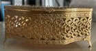 Vintage Ormolu Jewelry Casket Beveled Glass Lid Gold Filigree Footed Trinket Box