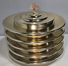 5 Stacking Bread Tray Communion Set Polished Gold Tone Metal W Cross Finial Lid