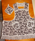 Handmade Bib Apron - Plus Sz - Black   White Floral   Ruffles  - Retro - Vintage