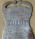 Antique Telegraph Badge Infirmary Hospital  Metal Tag Boston Ma Pat 1899