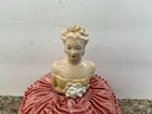 Vintage Half Doll Pin Cushion Molded Body Pink Ruffled Fabric Gown 