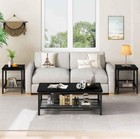 3pc Industrial Coffee Table Set  Wood   Metal Living Room Side Tables  Black