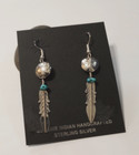 Small Stamped Sterling Silver Concho   Feather Turquoise Earrings