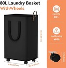 Collapsible Laundry Basket W wheels  80l  For Bathroom  Dorm  Bedroom  Black