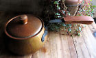 Vtg Mid Century Hammered Copper Fondue Pot Lid Stockli Netstal Wood Handle Knob