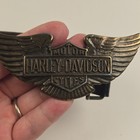 Vintage 70s Harley Davidson Belt Buckle Brass Winged Shield Biker Leather Belt