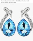 Crystal Teardrop Pendant Necklace   Stud Earrings Set  Silver Plated Light Blue