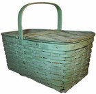 Scarce Early 20th C Grn Pntd  Wvn Splint Blk Ash Hndld Picnic Basket  W hngd Cvr
