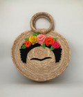 New Artisan Handmade Round Woven Straw Handbag Frida Kahlo 3d Felt Flowers