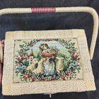 Vintage Wicker Sewing Basket Shepherdess Tapestry Lid Plastic Tray 10 5 