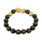 Genuine Black Obsidian Mantra Beaded Bracelet With Gold Pi Xiu  10mm 
