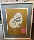 Vintage Kitty Cat White Crewel Yarn  Framed 18   x21    Lovely 1991