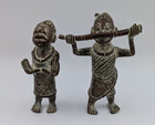 2 African Benin Bronze Statue Set Royal Court Attendant   Messenger Horn Player