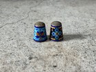 Vintage Cloisonn   Enamel Thimbles     Pair Of Floral Brass Sewing Thimbles     Blue