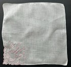 A  Vintage White Linen Hankie Madeira Hand Embroidered Pink Monogram H Wedding